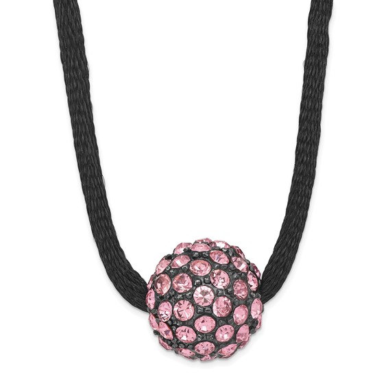 Black-plated Pink Crystal Fireball on 16in Satin Cord Necklace