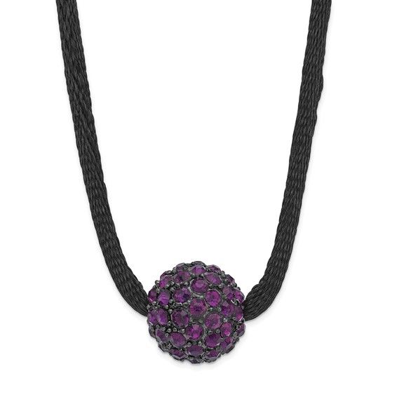 Black-plated Purple Crystal Fireball on 16in Satin Cord Necklace