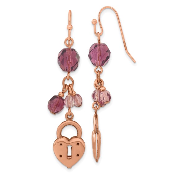 Copper-tone Heart and Lock with Purple Crystals Earrings