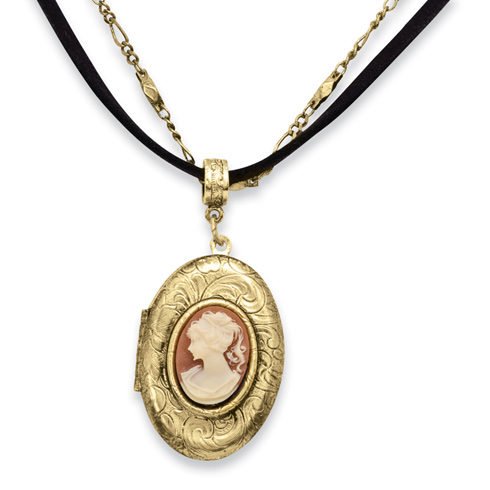 Brass-tone Cameo Locket on 16in Chain Cord Necklace