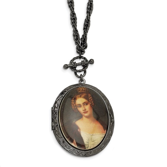 Black-plated Woman Decal Locket 30in Necklace