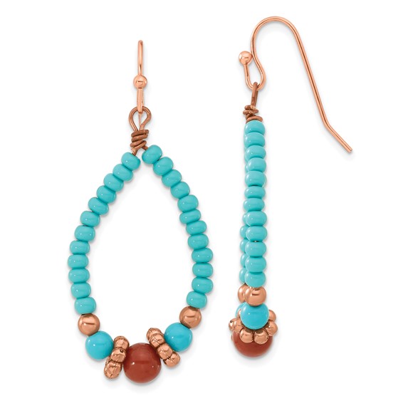 Copper-tone Aqua and Brown Beads Teardrop Dangle Earrings