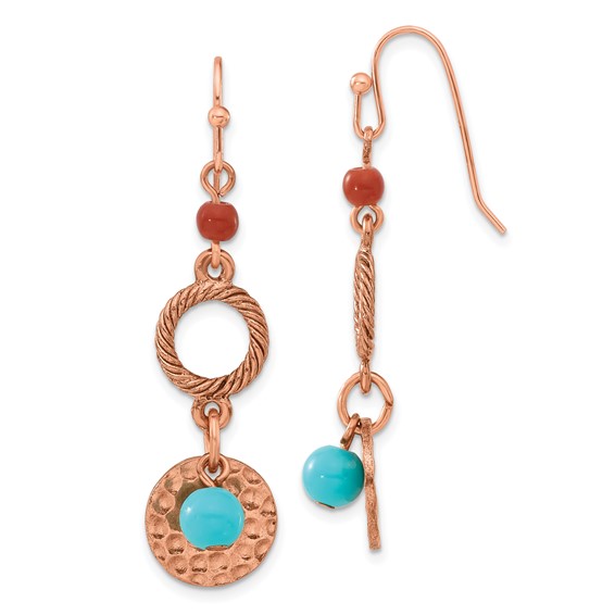 Copper-tone Aqua and Brown Beads Fancy Dangle Earrings
