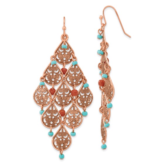 1928 Copper-tone Aqua and Brown Beads Filigree Dangle Chandelier Earrings