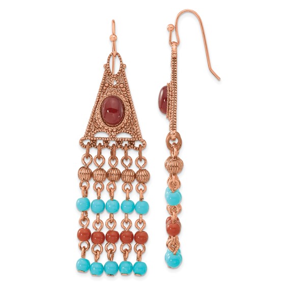 Copper-tone Aqua and Brown Acrylic Bead Dangle Drop Earrings