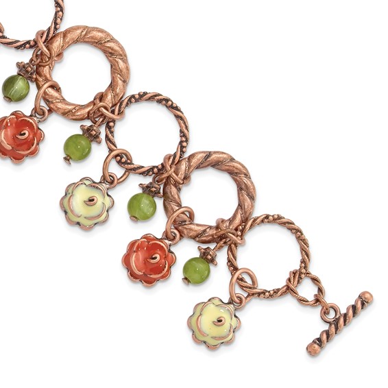 1928 Copper-tone Orange and Ivory Enamel Green Beads 7in Bracelet