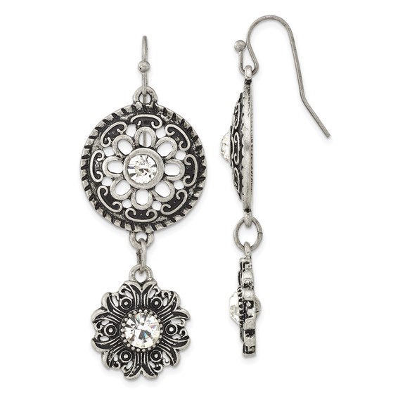 Silver-tone Double Drop Floral with Clear Crystal Dangle Earrings