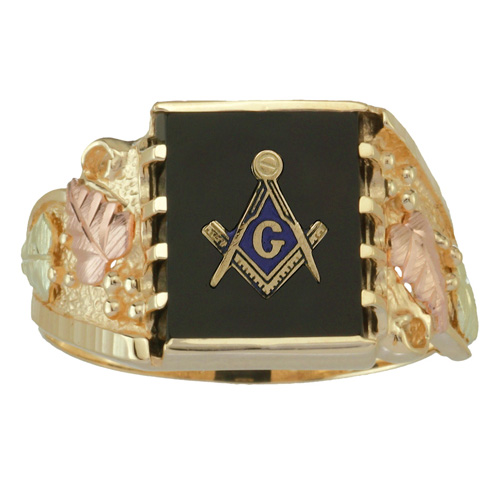 10kt Gold Tri-color Black Hills Onyx Masonic Ring with Leaves