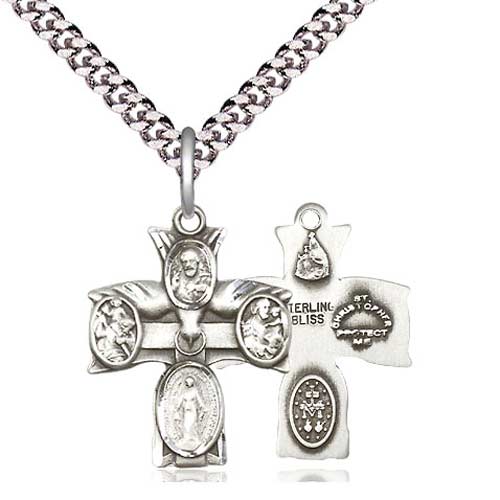 Sterling Silver 3/4in Four Way Holy Spirit Medal & 24in Steel Chain