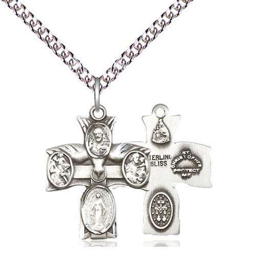 Sterling Silver 3/4in Four Way Holy Spirit Medal & 24in Chain