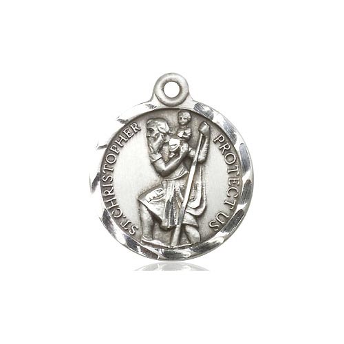 Sterling Silver Fancy Round St Christopher Medal 3/4in
