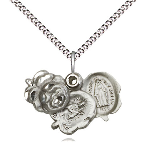 Sterling Silver Rosebud Miraculous Medal & 18in Chain