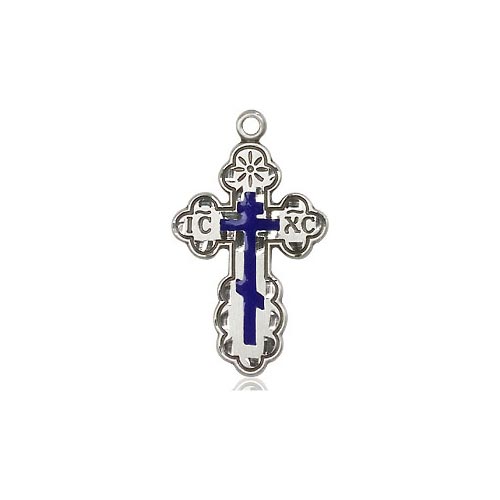 Sterling Silver 7/8in Blue Orthodox Cross