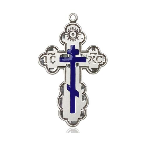 Sterling Silver 1 3/8in Blue Orthodox Cross