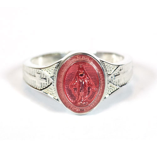 Sterling Silver Miraculous Medal Ring with Pink Epoxy