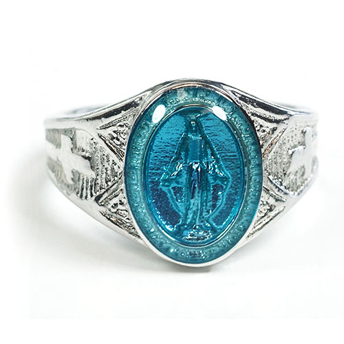 Sterling Silver Men's Miraculous Medal Ring with Blue Epoxy