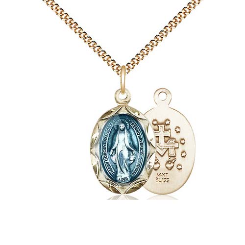 Gold Filled Sterling Silver 3/4in Blue Miraculous Medal & 18in Chain