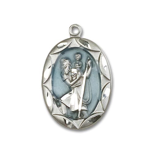 Sterling Silver Oval Blue St Christopher Medal 1in