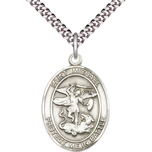 Sterling Silver 1in St Michael and Guardian Angel Medal & 24in Chain