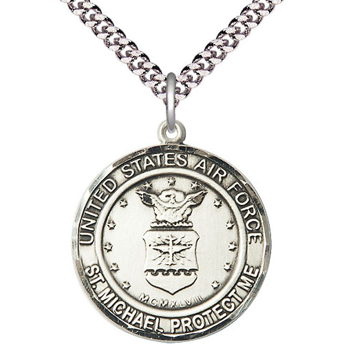 Sterling Silver Round US Air Force St Michael Medal 7/8in & 24in Chain