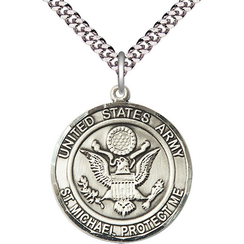 Sterling Silver Round United States Army St Michael Medal & 24in Chain