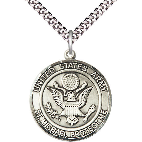 Sterling Silver Round United States Army St Michael Medal & 24in Chain