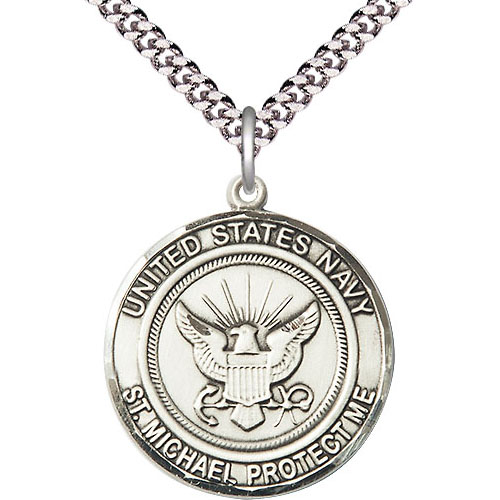 Sterling Silver Round United States Navy St Michael Medal 7/8in & 24in Chain