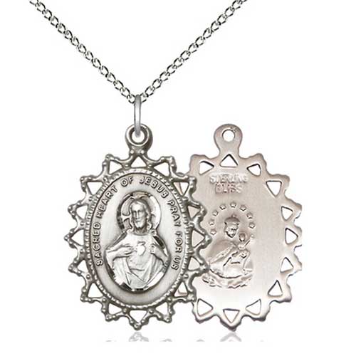 Sterling Silver 1in Sacred Heart of Jesus Medal with 18in Chain