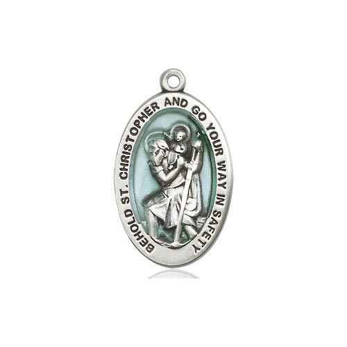Sterling Silver Oval Blue St Christopher Medal 7/8in
