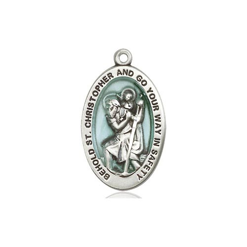 Sterling Silver Oval Blue St Christopher Medal 7/8in