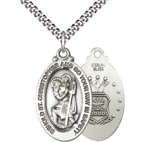 Sterling Silver 1in St Christopher US Air Force Medal & 24in Chain