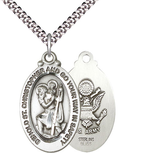 Sterling Silver 1in St Christopher US Army Medal & 24in Chain