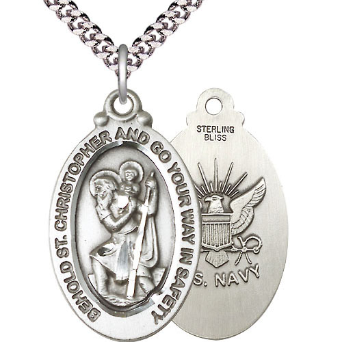 Sterling Silver 1in St Christopher US Navy Medal & 24in Chain
