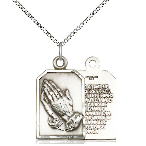 Sterling Silver Praying Hands Serenity Prayer Medal Necklace