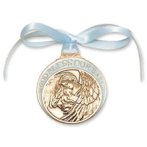 Gold Oxide Pewter Baby Boy With Angel Crib Medal with Blue Ribbon