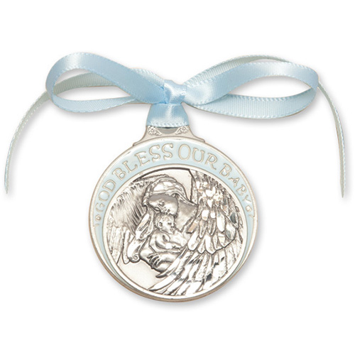 Pewter Baby Boy With Angel Crib Medal with Blue Ribbon