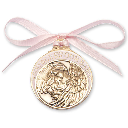 Gold Oxide Pewter Baby Girl With Angel Crib Medal with Pink Ribbon