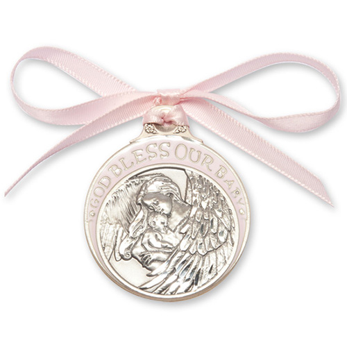 Pewter Baby Girl With Angel Crib Medal with Pink Ribbon