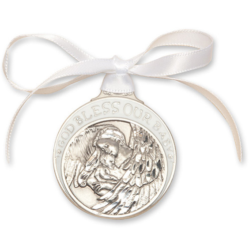 Pewter Baby With Angel Crib Medal with White Ribbon