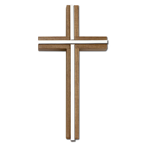 Walnut Wood Silver-tone Brass Inlay Wall Cross 6in
