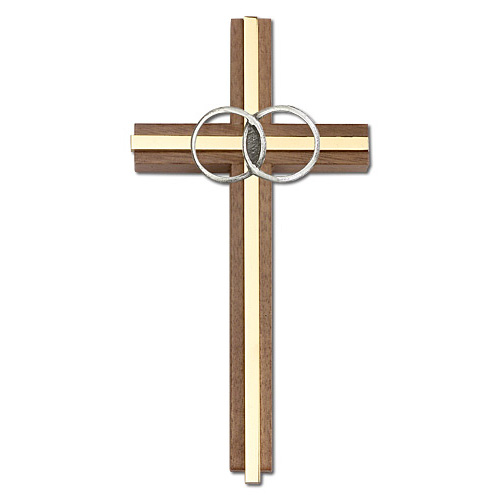 Walnut Wood Marriage Wall Cross With Gold-tone Inlay 6in
