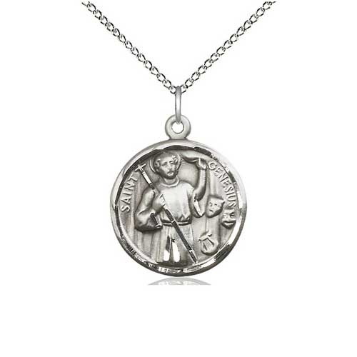 Sterling Silver 7/8in St Genesius Medal with 18in Chain