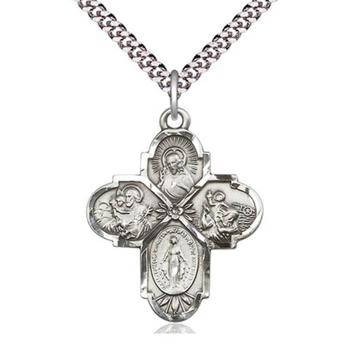 Sterling Silver Men's Four Way Cross with 24in Steel Chain