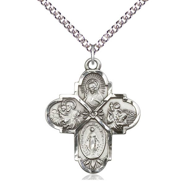 Sterling Silver Men's Four Way Cross Necklace 24in Chain