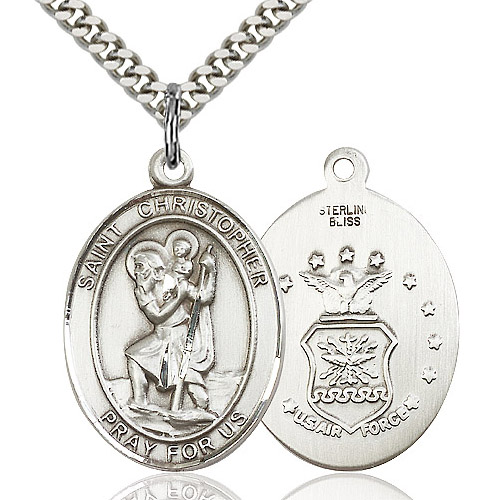Sterling Silver 1in Oval St Christopher US Air Force Medal & 24in Chain