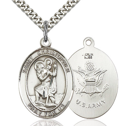 Sterling Silver 1in Oval St Christopher US Army Medal & 24in Chain