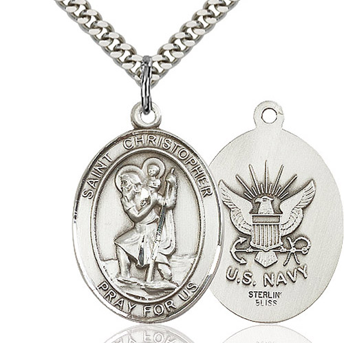 Sterling Silver 1in Oval St Christopher US Navy Medal & 24in Chain