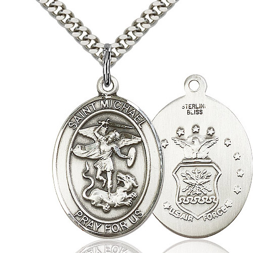 Sterling Silver 1in Oval St Michael US Air Force Medal & 24in Chain