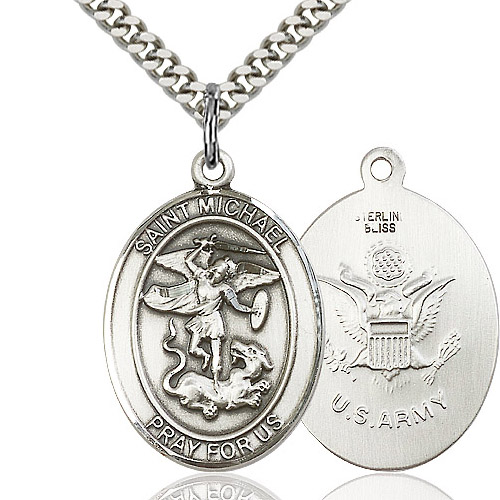 Sterling Silver 1in Oval St Michael US Army Medal & 24in Chain