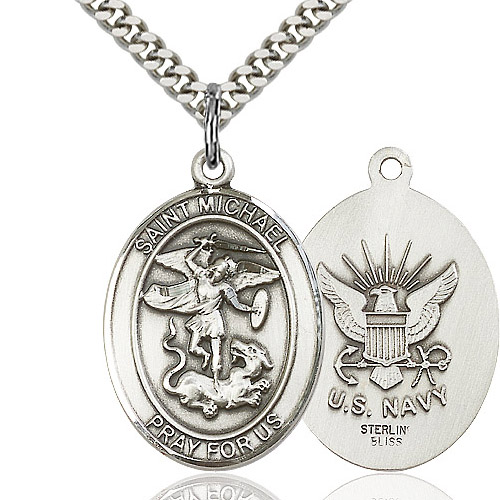 Sterling Silver 1in Oval St Michael US Navy Medal & 24in Chain